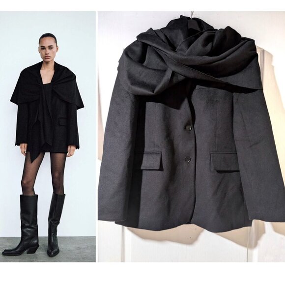 NEW Zara | Oversized Wool Scarf Blazer in Black - Picture 1 of 16